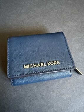 Michael Kors Navy Saffiano Trifold Wallet with Gold Logo